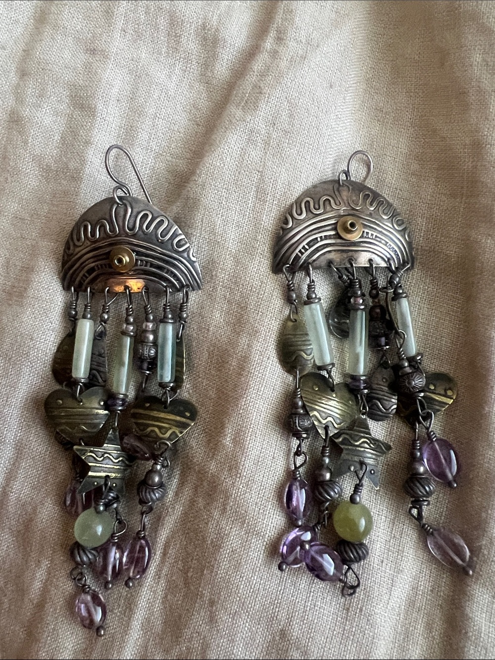 Vintage Tambra Bohemian Dangle Earrings with Green and Purple Accents